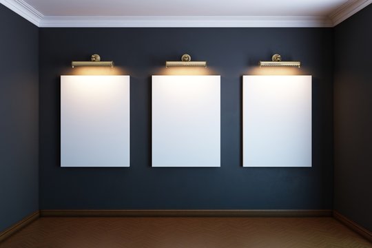 gallery interior with golden frames and lighters (black version)
