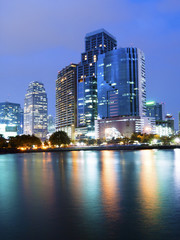 Bangkok city downtown at night with reflection of skyline, Bangk