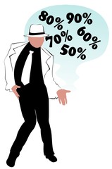 The fashionable man in a hat advertizes discounts