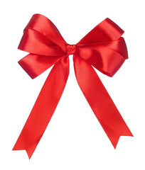 red gift satin ribbon bow on white background
