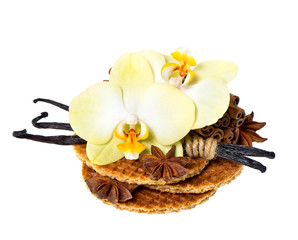 honey waffles with vanilla pods and orchid flower