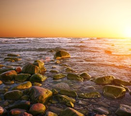 Rocky beach on a sunset.