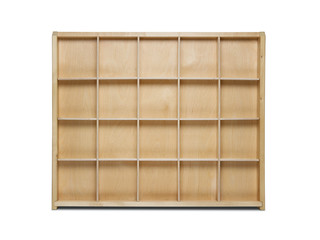 Empty wooden shelf isolated on white background