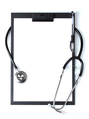 stethoscope and black clipboard isolated on white