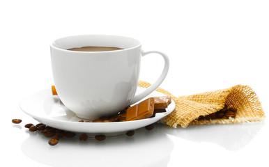 cup of coffee, beans and chocolate isolated on white