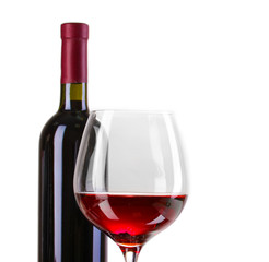 Bottle of great wine and wineglass isolated on white