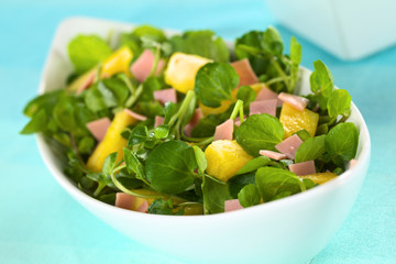Fresh watercress, pineapple and ham salad in bowl