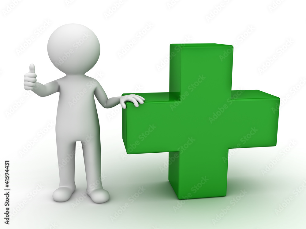 Poster 3d man showing thumb up with green plus sign
