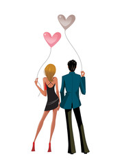 Back view of Couple standing together holding balloons