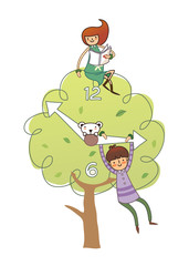 Girl sitting on tree and boy hanging on clock hand