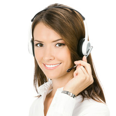 Support phone operator in headset, isolated