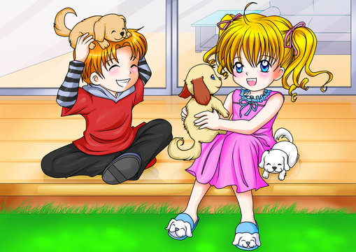 Cartoon illustration of a boy and a girl playing with puppies
