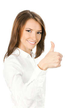 Businesswoman with thumbs up, on white