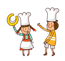Portrait of Boy and Girl wearing chef's hat