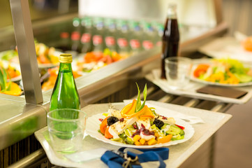 Canteen serving tray healthy food fresh salad
