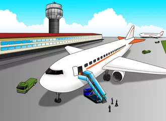 Foto auf Acrylglas Flugzeuge, Ballon Cartoon-Illustration des Flughafens