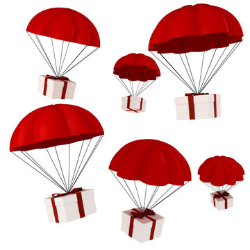 3d presents and parachute falling from the sky
