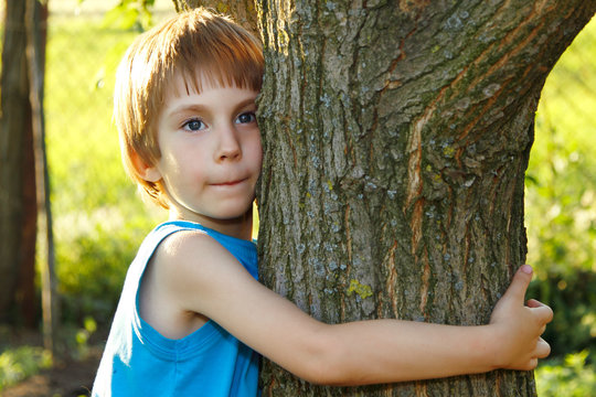 boy touch tree in forest - child care ecology
