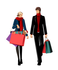 Couple with shopping bags and gifts