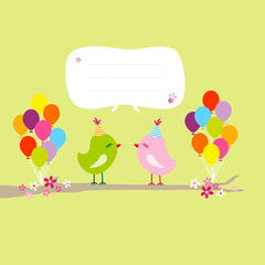 2 Birds On Tree Colored Ballons Speech Bubble Green
