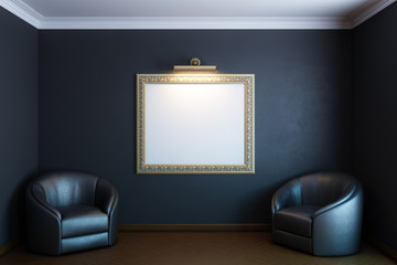 black gallery room with classic blank frame and armchairs
