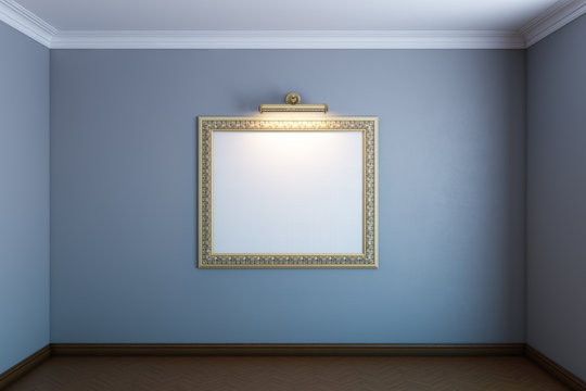 grey gallery room with classic blank frame on wall