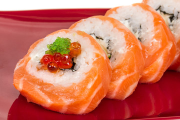 Japanese sushi traditional japanese food.Roll made of salmon, re