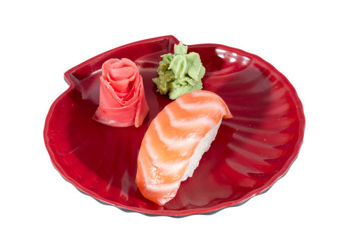 studio shoot of japanese sushi vaki with salmon on white backgro