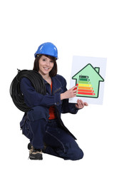 Female electrician holding an energy rating poster