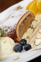 apple strudel with vanilla ice cream