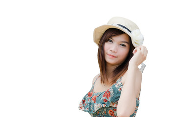 Attractive Asian woman wearing hat with white background