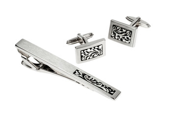 silver set of cuff links and tie pin isolated on white - 41614473