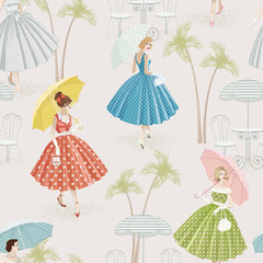 Background with women walking with parasols