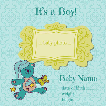 Baby Boy Arrival Card with Photo Frame  - in vector