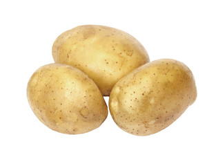 Three fresh and washed potatoes on white background