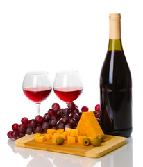 Bottle of great wine with wineglasses and cheese isolated