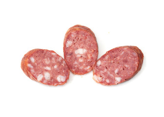 Three pieces of the sausage on white background