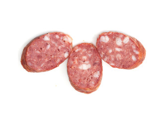 Three pieces of the sausage on white background