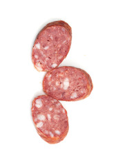 Three pieces of the sausage on white background