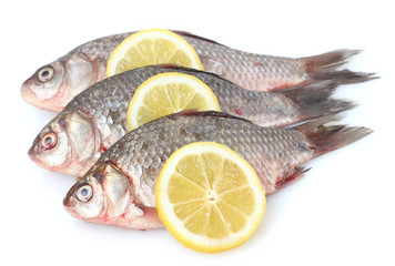 Fresh fishes with lemon isolated on white