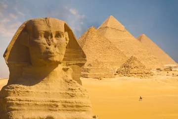 Papier Peint photo Lavable Egypte Great Sphinx Face Pyramids Background