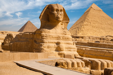 Volledig Sphynx-profiel Piramide Giza Egypte