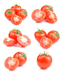 Set fresh red tomato fruits isolated on white background