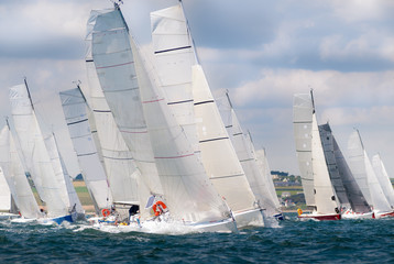 group of yacht sailing at regatta - obrazy, fototapety, plakaty