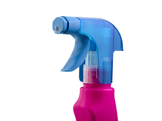 Pink and blue spray bottle against a white background