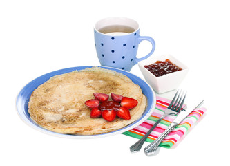 Stack of tasty pancakes isolated on white