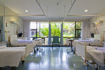 Hospital ward with beds and medical equipment in modern private hospital for COVID-19 Pandemic - obrazy, fototapety, plakaty