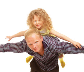 Portrait of a smiling man and his daughter over white background