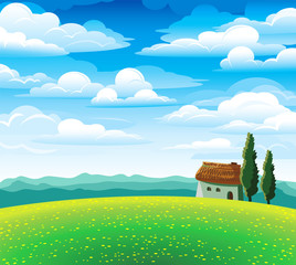 Landscape with flourishing meadow, house and mountains