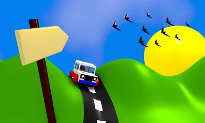 Wall murals Birds, bees Landscape with car and road sign
